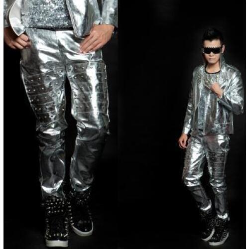 European American silver rivet pants Bar singers stage trousers man costumes faux leather pants the mens pants casual fashion