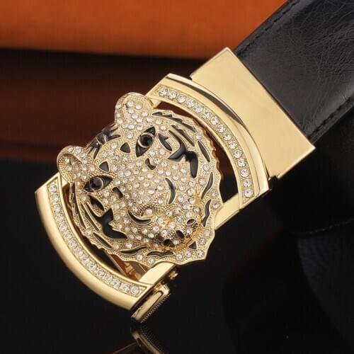 High Quality decorate tiger buckle belt men Automatic buckle Black genuine leather ceinture homme casual classic man Waistband