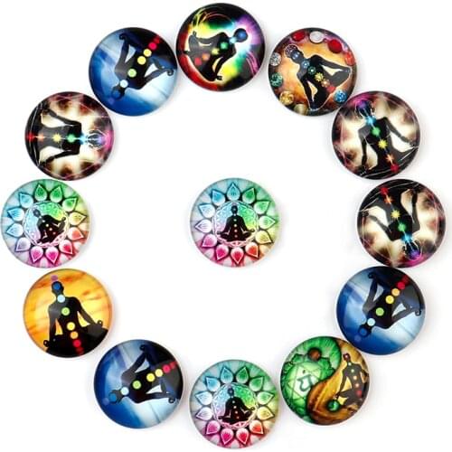 Xinyao 20pcs 10pcs 8mm 10mm 12mm 14mm 16mm 18mm 20mm 25mm Six Chakra Pattern Glass Round Cabochon for DIY Jewelry Findings