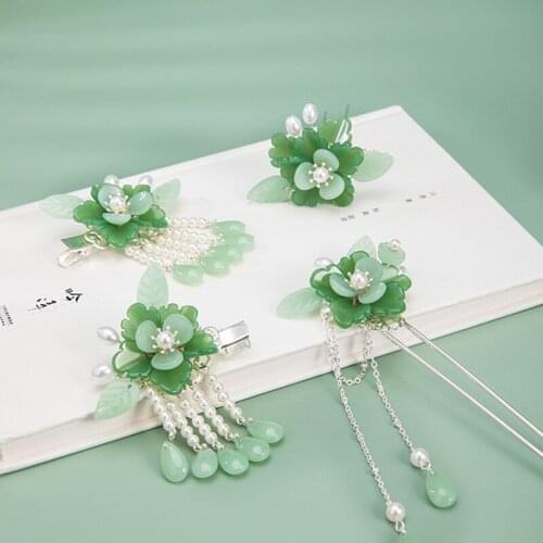 2 pcs Green Flower Pearl Hair Clip Girl Tassel Hair Clips Hairpin HanfuTraditional Headdress Handmade Hair clip
