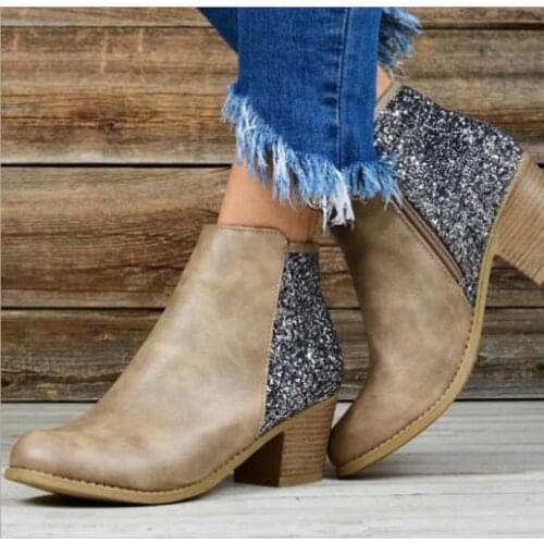 Hot New Women Boots Bling Sequins Square Heels Soft Leather Zipper Booties Women Round Toe Ankle Boots Botas Zapatos Mujer