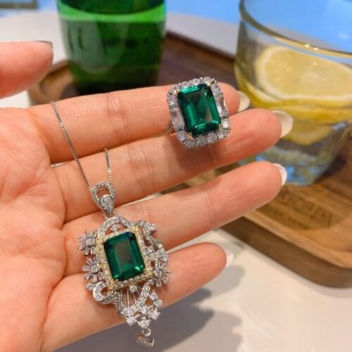 QTT Women Emerald Tourmaline Gemstone Silver 925 Jewelry Sets Luxury Pendant Necklace10*12 Rings10*14 Rectangle Jewelry Set Gift