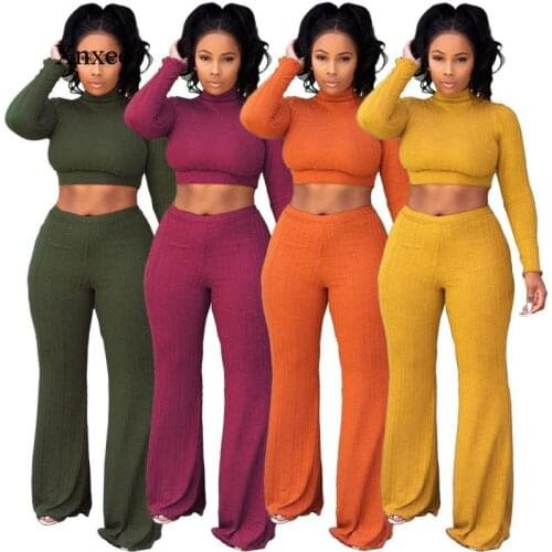 Womens Cotton Ribbing Knitted Straight Trousers Outfits Sexy Long Sleeved Turtleneck Crop Tops Two Piece Suit Slim Flared Pants
