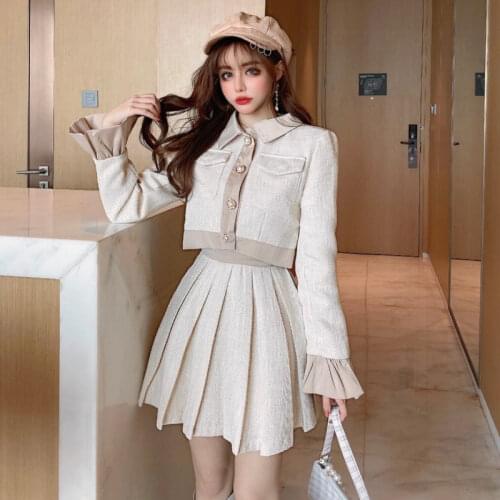 Vintage Women set 2020 autumn winter new Sweet tweed top mini skirt sets Kawaii 2 piece sets Fashion 2 piece sets tops and skirt