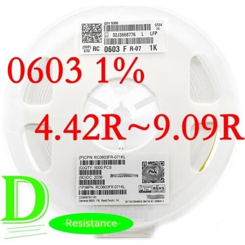 100PCS SMD Resistor RC Series 0603 1% RC0603FR-07 Series 4.42R-9.09R All resistors 4.3R 4.7R 5.1R 5.6R 6.2R 6.8R 7.5R 8.2R