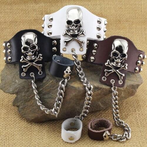 2021 New European and American Rivet Chain Punk Jewelry Leather Bracelet Rivet Ghost Head With Finger Bracelet Jewelry