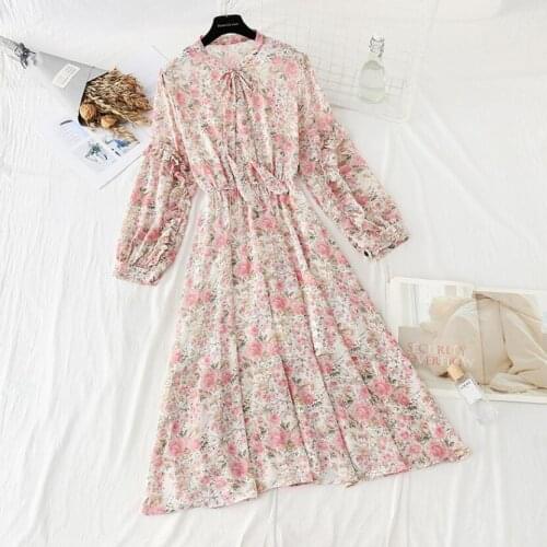 2021 Spring Summer Lotus Sleeve Floral Dress Women O-Neck Bowknot Chiffon Dresses Elegant A-line Ruffles Midi Dress