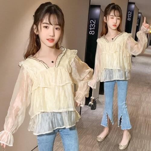 2021 Spring Summer Chiffon Shirt Girls Loose Trumpet Sleeve Thin Tops + Jeans With Pearl Two Piece Set