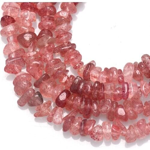 3-10mm Strawberry Quartz Tumbled Chips Stone,Crushed Crystal Quartz Pieces,Irregular Shaped Stones Saled by 16.5" strand