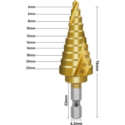 4-22mm Titanium Coated Spiral Slot 4241 Hexagon Shank Pagoda Drill Step Drill Bit High Speed Steel Reaming Drill Hole Tool W0YF