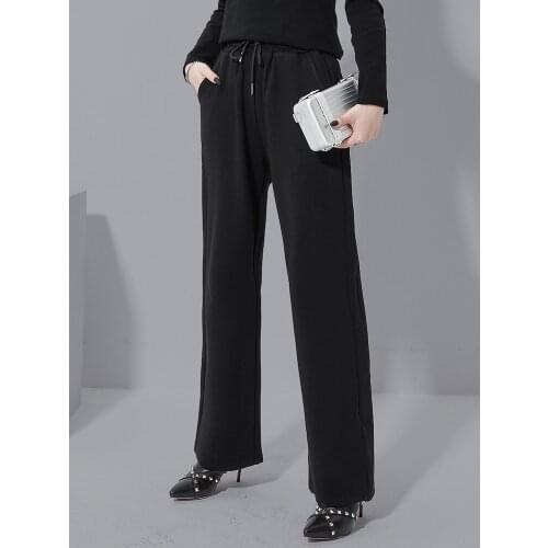 Large size Straight leg womens autumn casual sports trousers loose waist baggy baggy legs wide lace pants fashion