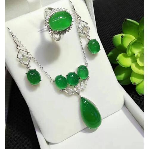 Boutique jewelry Natural Chalcedony pendant 925 silver jewelry wholesale Chalcedony ring earring necklace set