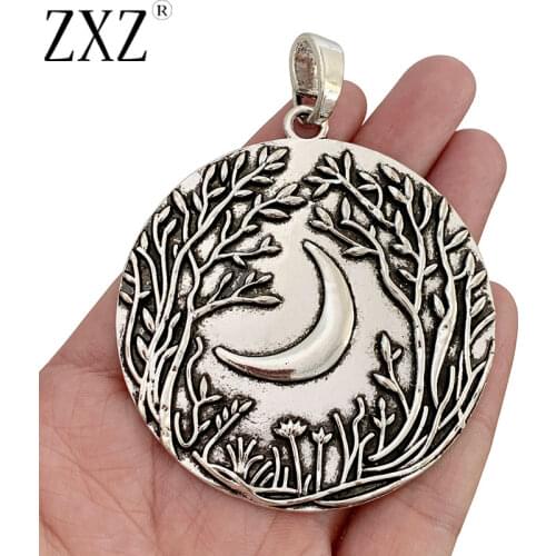 ZXZ 1 Piece Tibetan Silver Boho Large Tree and Moon Round Charm Pendant for Necklace Jewelry Making Accessories 64x64mm