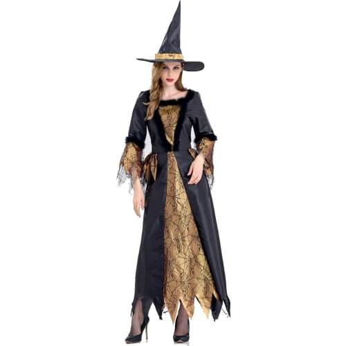 Black Gold Spider Witch Costume Women Sorceress Cosplay Adult Fancy Dress disfrace Halloween Party Costumes