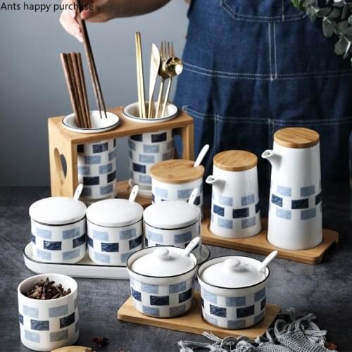 Home Ceramics Spice Jar Set Combination Chopsticks Drain Stand Oiler Salt Shaker Seasoning Box Three-piece Set Spice Container