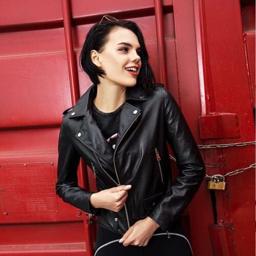 BROGA sheep skin leather leather woman motorcycle slim suit collar black casual jacket woman jacket