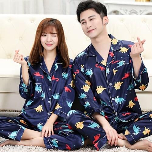 Summer Couple Men Women Cute Dinosaur Printed Stain Lapel Long Sleeve Pants Sleepwear Lovers Female Pajamas Pyjamas Homewear