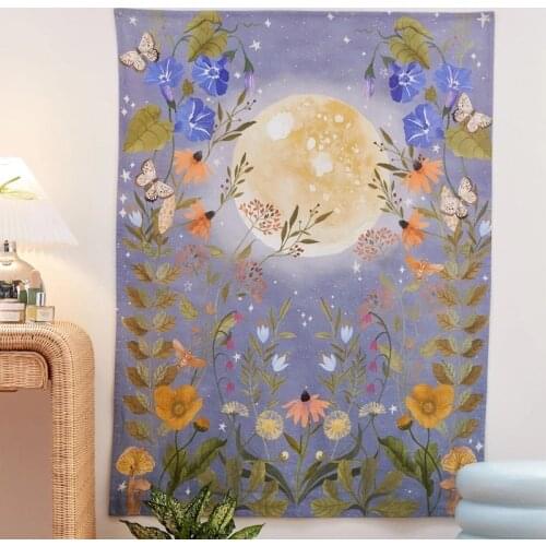 Moon flowers Tapestry Celestial Floral Wall Tapestry Wall Hanging Hippie Flower Wall Carpets Dorm Decor Starry Sky Carpet