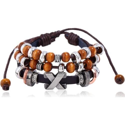 Fashion Punk Vintage X Charm Multilayer Wristbands Cuff Leather Rope Bracelets Retro Beads Wrap Bangle Hiphop Women Men Jewelry