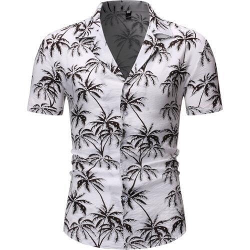 Men Hawaiian Shirt 2019 Summer Fashion Camisa Masculina Palm Tree Print Short Sleeve Dress Shirt Men Button Down Hawaii Shirts