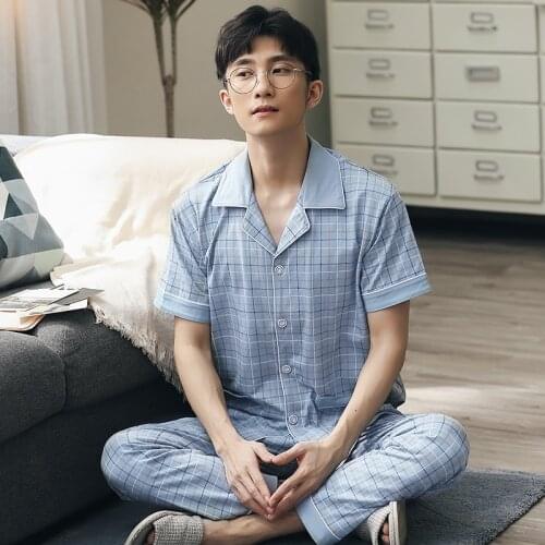 Men Shorts Pajamas 100% Cotton 2 Pieces Long Pants Sleepwear Pijama Mans Bedgown Home Clothes PJ Plaid Pure Cotton Pajamas