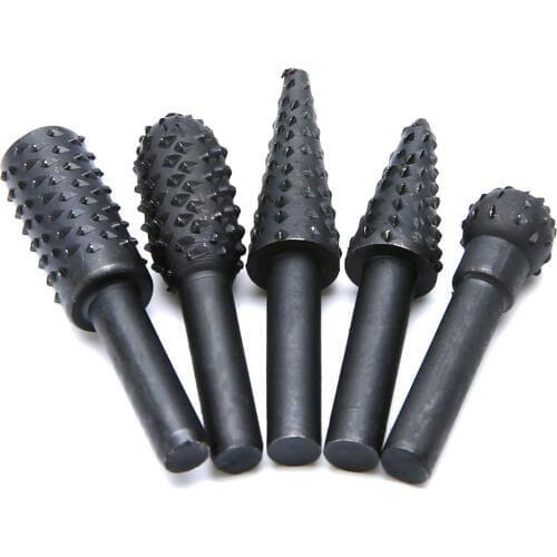 5pcs Black 1/4'' 6mm Shank Steel Rotary Burr Set Woodworking Rasp Drill Bits for Most Electric Cordless Drills