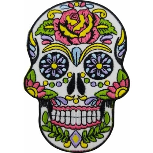 Sugar Skull Biker Embroidered Iron on Front Biker Patch for Clothing Accessories Applique Garment Jacket Sew on Stickers