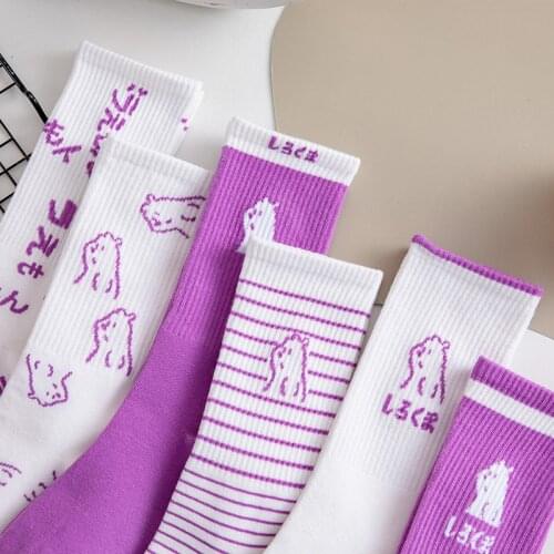 Spring and summer womens cotton socks mid-waist fashion bear socks Japanese cute cartoon purple womens socks Harajuku college