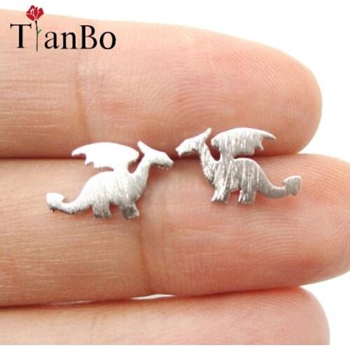 TianBo New Tiny Matte Dragon Silhouette with Wings Earrings Women Animal Dinosaur Brushed Stud Earrings Handmade Jewelry Gifts
