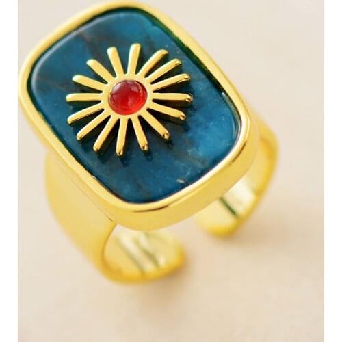 Premium Gems Stone Geometric Finger Rings Fashion Gold Color Apatite Lapis Luxury Party Cocktail Ring Anniversary Jewelry