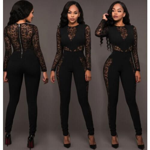 Sexy Lace Long Sleeve Skinny Jumpsuit Fashion Black Round Collar Lace Jumpsuits