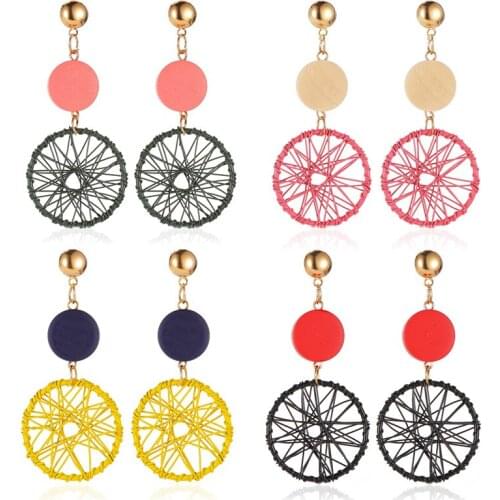 Yellow Gray Pink Black Green Double Roundness Weave Geometry Long Pendant Hollow Wood Dangle Earrings & Drop Earrings for Women