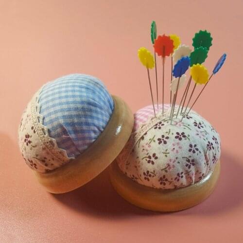Fabric Splicing Round Pin Cushion Needle Storage Holder Tools Pincushions Home Sewing Tools Accessory with Wooden Base