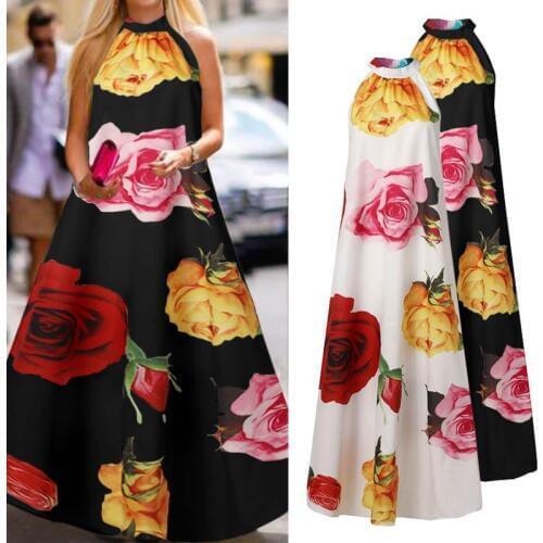 Women Maxi Long Dress Celmia Dress 2021 Summer Fashion Floral Print Halter Sundress Sleeveless Party Robe Loose Vintage Vestidos