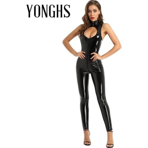 Womens Lingerie Latex Bodysuit One-piece Wet Look Patent Leather Sleeveless Zippered Catsuit Leotard Romper Jumpsuit Clubwear