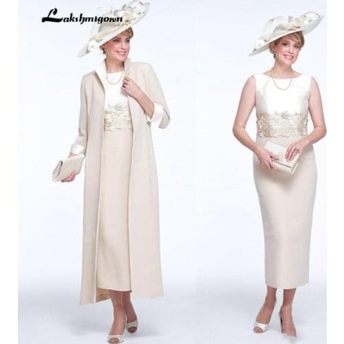 New Elegant Nude Mid Calf Mother of the Bride Dresses 2021 Two Pieces Jewel Neck Appliqued Wedding Party Dresses with Jacket