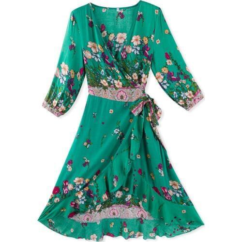 Neatie kiddie Women Sexy Print V-neck Midi Dress Three Quarter Sleeve Beach Style Casual A-line Dress Female Vestidos