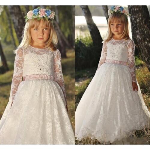 Boho Modest Ivory White Lace Flower Girls Dresses for Wedding with Sash Long Sleeves O Neck Girls Birthday Dress Christmas Gown