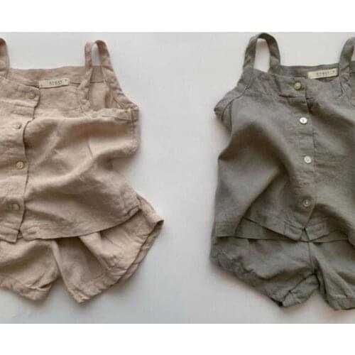 2021 New Girls Boys 2 Pcs Set Vest+Shorts Cotton Linen Summer Fashion Kids Suits 1-6 years CO437