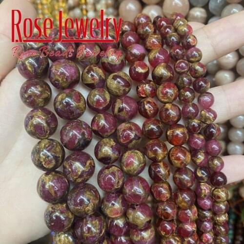 Natural Round Fuchsia Cloisonne Stone Beads Gold Colored Stone Loose Beads For Jewelry Making DIY Bracelet Ear Studs 15'' 4-12mm