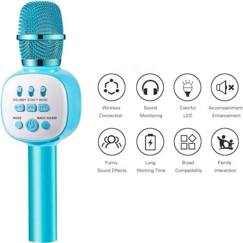 Black/Blue/Pink Wireless Karaoke mini Microphone Condenser Portable Monitoring Mic for Kids with LED Light Effects