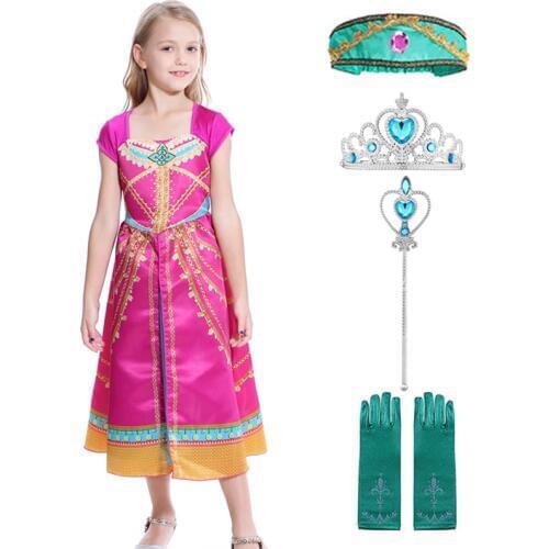 Kids Rose Dress Girls Princess Jasmine Costume Party Princess Dress Fancy Clothing Set Child Aladdin the Magic Lamp Costume Wigs