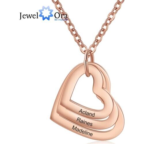 JewelOra Personalized Engraving 3 Names Heart Pendant Necklace Gold /Rose Gold Color Customized Necklace Christmas Family Gifts