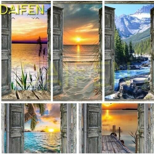 Full Round Diamond painting coconut tree DIY Diamond mosaic sea Full Square Diamond embroidery Cross stitch Wooden door scenery
