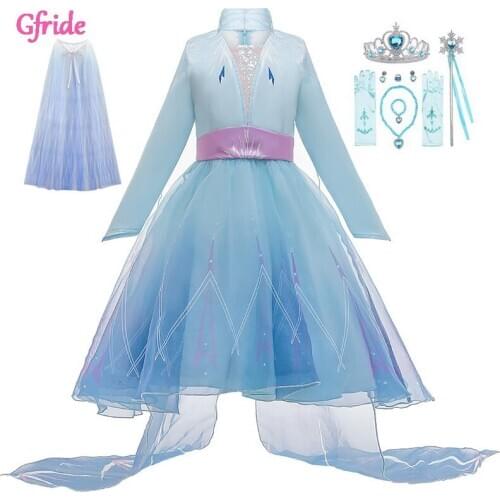 Snow Queen 2 Costume With Long Cape For Girl Elza Tutu Dresses Children Halloween printing Dress Kids Christmas Holiday Dress