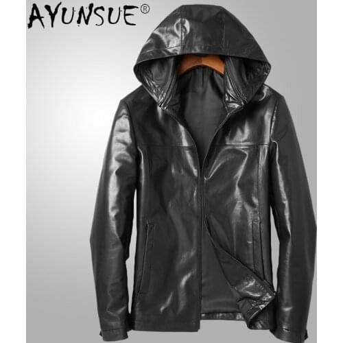 AYUNSUE Genuine Leather Jackets Men Black Real Goatskin Coats Mens Jacket Hooded Korean Outerwear Autumn Jaqueta De Couro SQQ309