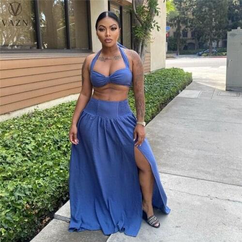 VAZN 2021 Hot Sales Solid Sweet Joker Young Bikini Set Halter High Waist Maxi Skirts Slim Women 2 Piece Set
