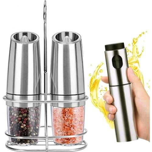 Stainless Steel Pepper Mill Electric Salt and Pepper Grinder Oil Spray Bottle Set with LED Light Kitchen Cooking Spice Grinder