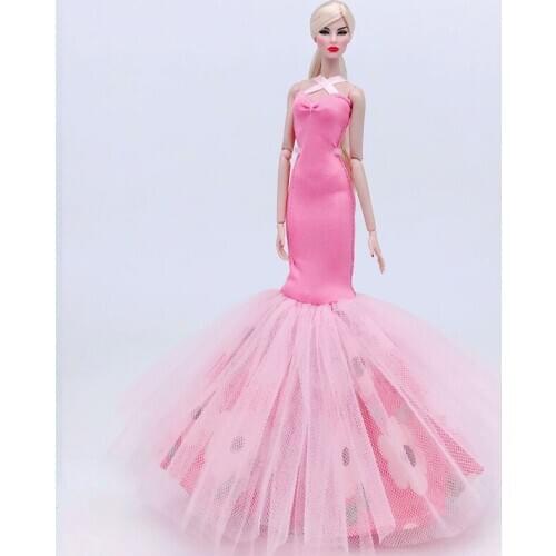Pink Floral Fashion Doll Clothes For Barbie Doll Dress Outfits Mermaid Fishtail Party Gown 1/6 Dolls Accessories