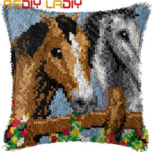 Latch Hook Kits Make Your Own Cushion Two Horses Pre-Printed Canvas Crochet Pillow Case Latch Hook Cushion Cover Arts & Crafts